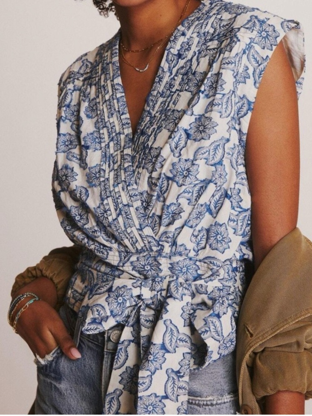 Anthropologie White and Blue Floral Tie-Waist Sleeveless Blouse